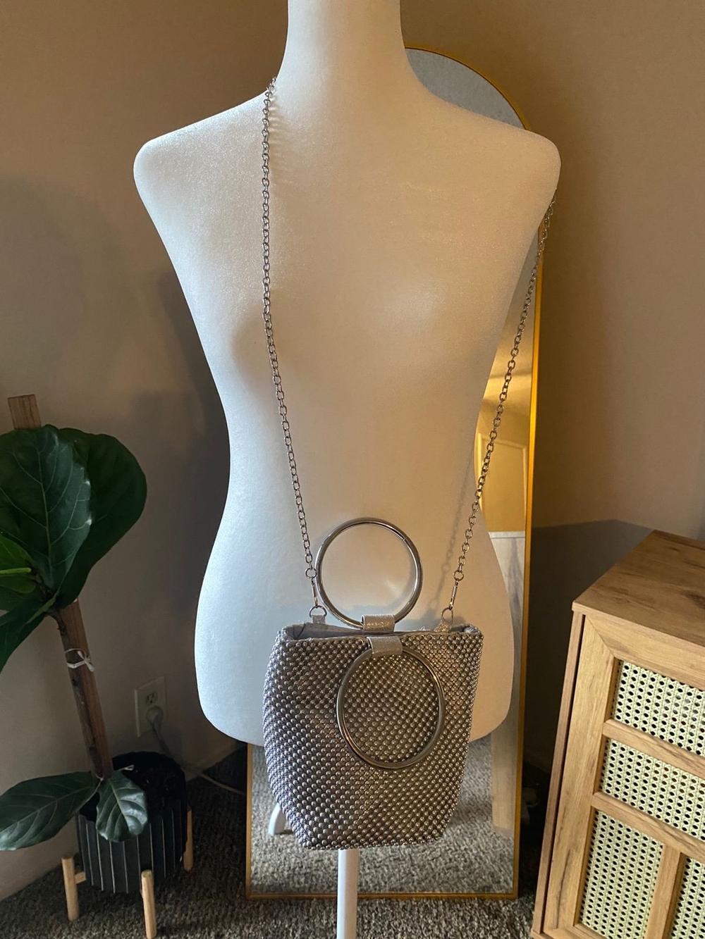 Jessica McLintock Metallic Beaded Crossbody Bag with Ring Handle - Silver